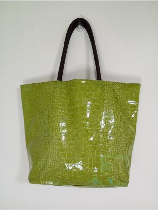 Neiman Marcus Handbags - Neiman Marcus Green Croc-Embossed Vinyl Tote Bag With Brown Braided Handles